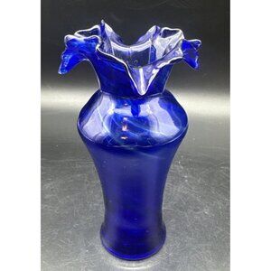 VTG MCM Cobalt Blue Swirl Glass Vase Crimped Ruffled Rim 8.5”